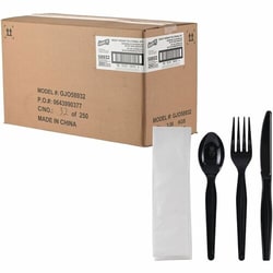 Enterprise Technology Solutions&nbsp;Genuine Joe  4-Piece Utensil Kit,Heavyweight Knife/Fork/Spoon,Napkin,1000/BX,1BX/CT,Black