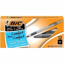 Enterprise Technology Solutions&nbsp;Bic  Round Stic Pens,Comfort Grip,Fine Point,1 DZ,GY Barrel/BKInk