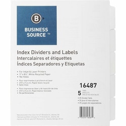 Enterprise Technology Solutions&nbsp;Business Source  Index Dividers, Unpunched, 5-Tab, 25 Sets/BX, White