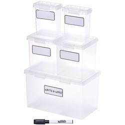 Enterprise Technology Solutions&nbsp;Bostitch (Stanley Bostitch)  StorageBoxes,Stackable,5Pieces,AttachedCovers,FirmLatches,Write&WipeLabels,Plastic,5/ST,Clear