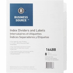 Enterprise Technology Solutions&nbsp;Business Source  Index Dividers, Unpunched, 8-Tab, 25 Sets/BX, White