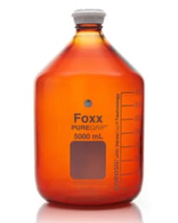 Foxx Life Sciences&nbsp;PUREGRIP Reusable Amber Light-Blocking Round Glass Media Storage Bottles with GL45 VersaCap, Pouring Ring, and Extra Large Marking Spot, 5L (5,000mL), 1/EA
