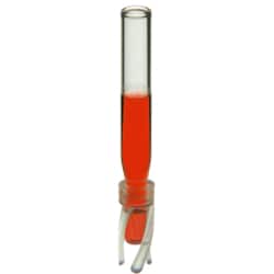 Microsolv Technology Corporation Inserts, Low Volume for Vials, Glass. Clear, Deactivated, 200ul fill volume with a conical, precision point and 5x32mm outer dimensions with plastic spring attached. For use in 8mm, Push Top, 1ml autosampler vials. 100/PK.
