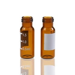 Alkali Scientific HPLC Chromatography Vial, 2mL AMBER Glass vial with Writing Area, Flat Base  with graduations, 9425 Open Top Ribbed Screw Cap with 9mm White PTFE/Red Silicone Septa 1mm Thick, Vial size: 12 x 32 mm, 100/pk