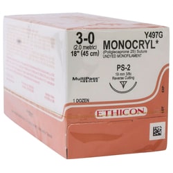Med Vet International Ethicon Monocryl Suture, Size 3-0, PS-2, 18"", 12/Box,
