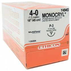 Med Vet International Ethicon Monocryl Suture, Size 4-0, P-3, 18"", 12/Box,