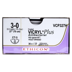 Med Vet International&nbsp;Ethicon Vicryl Polyglactin 910 Plus Antibacterial Suture, Size 3-0, CT-3, 27in, Violet, 36/Box