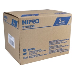 Med Vet International&nbsp;Nipro Syringe & Needle, 3mL, Luer Lock, 22G X 3/4in, Hypodermic, 100/BX, JD+03L2219