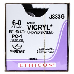 Med Vet International&nbsp;Ethicon Vicryl Polyglactin 910 Suture, Size 6-0, PC-1, 18in, Undyed, 12/Box
