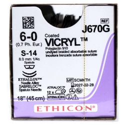 Med Vet International Ethicon Vicryl Polyglactin 910 Suture, Size 6-0,