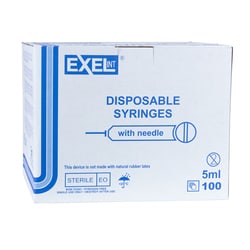 Med Vet International&nbsp;Exel Syringe & Needle, 5mL, Luer Lock, 22G X 1in, Hypodermic, 100/BX, 26210