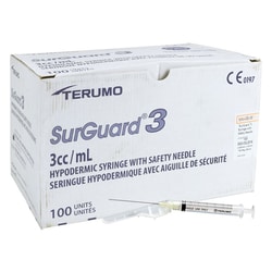 Med Vet International&nbsp;Terumo Medical SurGuard Safety Needle with 3cc Syringe, 25G x 5/8 in, 100/Box