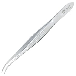 Med Vet International&nbsp;Miltex Eye Dressing Forceps, 4in, Half Curved, Standard Pattern, 0.8mm Wide Serrated Tips