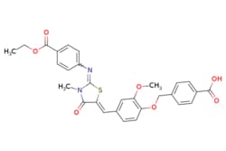 eMolecules​&nbsp;ChemShuttle  4-((4-((1Z)-(2-((4-(ethoxycarbonyl)phenyl)imino)-3-methyl-4-oxothiazolidin-5-ylidene)methyl)-2-methoxyphenoxy)methyl)benzoic acid  100mg  806974141  197745    445406-82-6  [null]  546.590  C29H26N2O7S