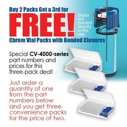 Chemglass Life Sciences&nbsp;Pack, Blue Bonded Closure and Vial, Glass, 2.0 mL, 9 mm Thread, PTFE/Red Rubber Septa, 3 x 100