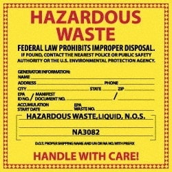 MSC HAZ WASTE LIQUID - LABEL, Quantity: Each of 1