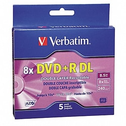 Grainger DVD+R Dual Disc 8.50 GB 240 min 8x PK5, Quantity: Pack of 1
