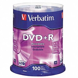 Grainger DVD+R Disc 4.70 GB 120 min 16x PK100, Quantity: Pack of 1