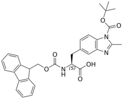 STA PHARMACEUTICAL US LLC&nbsp;(S)-2-((((9H-fluoren-9-yl)methoxy)carbonyl)amino)-3-(1-(tert-butoxycarbonyl)-2-methyl-1H-benzo[d]imidazol-5-yl)propanoic acid | 50 g | InChIKey JYONNPWHAWQOKK-SANMLTNESA-N | MW 541.604