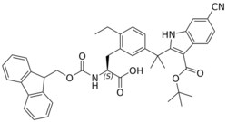STA PHARMACEUTICAL US LLC&nbsp;(S)-2-((((9H-fluoren-9-yl)methoxy)carbonyl)amino)-3-(5-(2-(3-(tert-butoxycarbonyl)-6-cyano-1H-indol-2-yl)propan-2-yl)-2-ethylphenyl)propanoic acid | 50 g | InChIKey LNZSTTSNPGOEPO-BHVANESWSA-N | MW 697.832