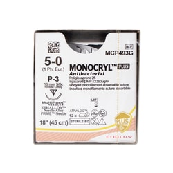 Med Vet International&nbsp;Ethicon Monocryl Plus Antibacterial Suture, Size 5-0, P-3, 18in, Undyed, 12/Box