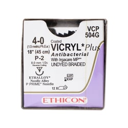 Med Vet International&nbsp;Ethicon Vicryl Polyglactin 910 Plus Antibacterial Suture, Size 4-0, P-2, 18in, Undyed, 12/Box