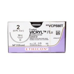 Med Vet International&nbsp;Ethicon Vicryl Polyglactin 910 Plus Antibacterial Suture, Size 2, Tp-1, 54in, Undyed, 24/Box