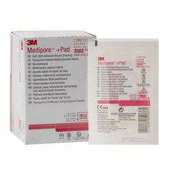 Med Vet International&nbsp;Adhesive Dressing 3M Medipore 2 X 2-3/4 inch Soft Cloth Rectangle White Sterile, 3562, 200/Case