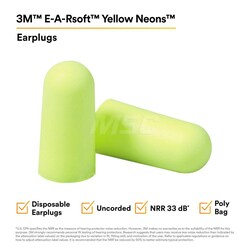 MSC&nbsp;3M Earplugs, Foam, Uncorded, 33 dB NRR, Yellow