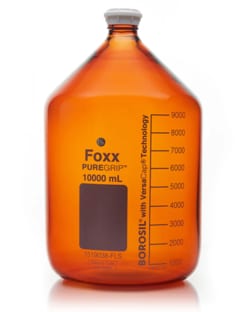 Foxx Life Sciences&nbsp;PUREGRIP Rhino Safety Coated Glass Bottles, Amber, 10L, with Graduation Marks and GL45 VersaCap, 1/EA