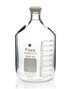 Foxx Life Sciences PUREGRIP Rhino Safety Coated Glass Bottles, Clear, 5L, with Graduation Marks and GL45 VersaCap, 1/EA