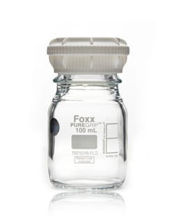 Foxx Life Sciences PUREGRIP Rhino Safety Coated Glass Bottles, Clear, 100mL, with Graduation Marks and GL45 VersaCap, 4/CS