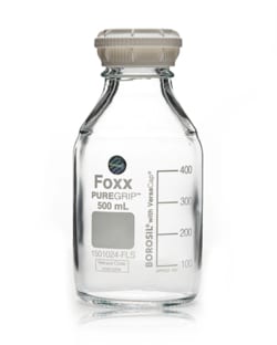 Foxx Life Sciences&nbsp;PUREGRIP Rhino Safety Coated Glass Bottles, Clear, 500mL, with Graduation Marks and GL45 VersaCap, 4/CS