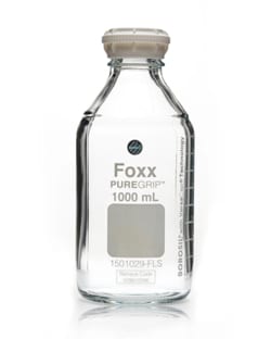 Foxx Life Sciences&nbsp;PUREGRIP Rhino Safety Coated Glass Bottles, Clear, 1L, with Graduation Marks and GL45 VersaCap, 4/CS