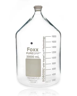 Foxx Life Sciences&nbsp;PUREGRIP Rhino Safety Coated Glass Bottles, Clear, 20L, with Graduation Marks and GL45 VersaCap, 1/EA