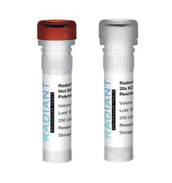 Alkali Scientific Radiant™ Hot Start Taq DNA Polymerase for FAM & SYBR green dye users constructing qPCR mix, 250 Reactions, (1 x .05mL Hot-Start Taq Polymerase, 1 x 1.5mL 20X KCI Reaction Buffer)