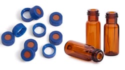 Alkali Scientific&nbsp;HPLC Chromatography Vial, 2mL AMBER Glass vial with Writing Area, Flat Base w/ graduations, 9-425 Open Top Ribbed Screw Cap with 9mm White PTFE/Red Silicone Septa 1mm Thick, Vial size: 12 x 32 mm, 1000/case