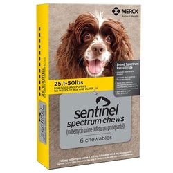 Med Vet International&nbsp;Merck Sentinel Yellow Spectrum, Canine, 25.1-50Lb, 6 Tab Card, 5/Box