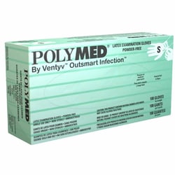 Med Vet International Exam Glove Polymed Small NonSterile Latex Standard Cuff Length Fully Textured Ivory Not Rated, PM102, 100/Box