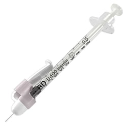 Med Vet International&nbsp;Safety Insulin Syringe with Needle SafetyGlide&trade; 0.5 mL 1/2 Inch 29 Gauge Sliding Safety Needle Regular Wall, 305932, 100/Box