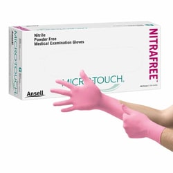 Med Vet International&nbsp;Exam Glove Micro-Touch NitraFree&trade; Small NonSterile Nitrile Standard Cuff Length Textured Fingertips Pink Chemo Tested, 6034511, 100/Box