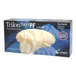 Med Vet International&nbsp;Exam Glove Trilon 2000 PF with MC3 Large NonSterile Stretch Vinyl Standard Cuff Length Smooth Ivory Not Rated, 25-970, 100/Box