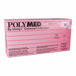Med Vet International&nbsp;Exam Glove Polymed Medium NonSterile Latex Standard Cuff Length Fully Textured Ivory Not Rated, PM103, 1000/Case