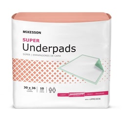 Med Vet International McKesson Super Moderate Absorbency Disposable Underpad, 30 x 36 Inch, UPMD3036, 10/Bag