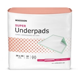 Med Vet International&nbsp;McKesson Super Moderate Absorbency Disposable Underpad, 30 x 30 Inch, UPMD3030-100, 10/Bag
