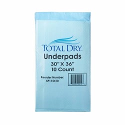 Med Vet International&nbsp;TotalDry Disposable Underpad, 30 X 36 Inch, Fluff/Polymer, Heavy Absorbency, SP115410, 10/Bag