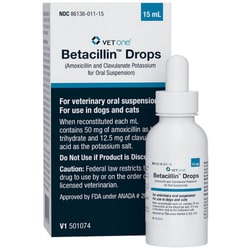 Med Vet International&nbsp;Betacillin Drops (Amoxicillin and Clavulanate Potassium for Oral Suspension) 62 5mg/mL 15mL