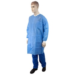Med Vet International&nbsp;Dynarex Disposable Lab Coat w/Pockets Medium Blue 30/Case