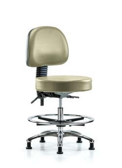 Fisherbrand™ Vinyl Stool with Back Chrome - Medium Bench Height with Seat Tilt, Chrome Foot Ring, and Casters in Grade B Vinyl
