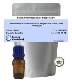 Aminomethylalizarindiacetic Acid Reagent (Sol A+B+C) 50 mL+ 50 mL + 100 mL - British Pharmacopoeia, Fisher Chemical 200 mL | Buy Online | Fisher Chemical | Fisher Scientific